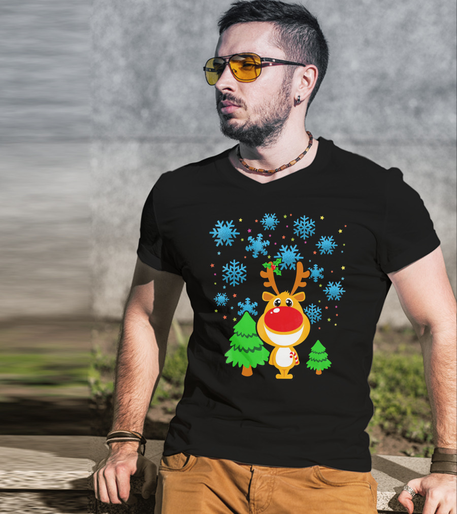 Christmas Reindeer With Snowflakes And Trees Family Matching T-Shirt