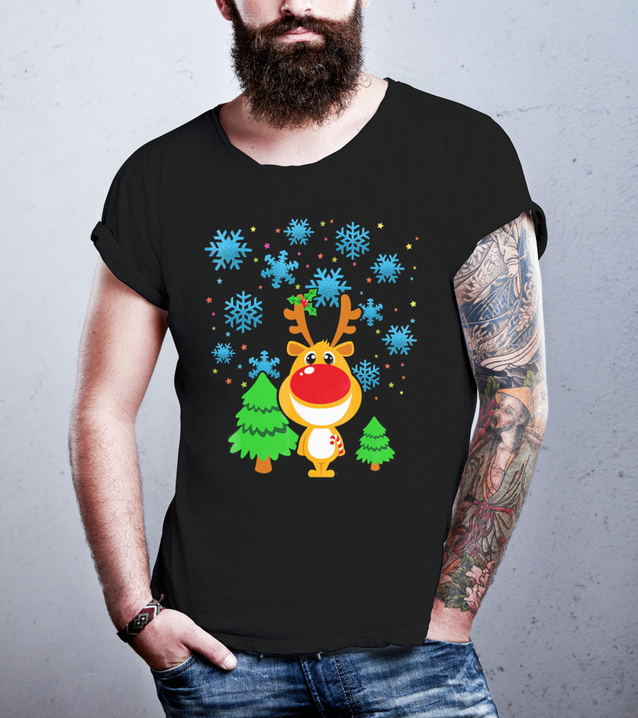 Christmas Reindeer With Snowflakes And Trees Family Matching T-Shirt