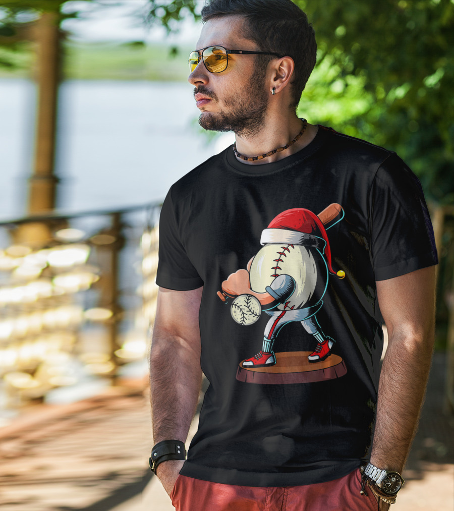Christmas Baseball Batter Santa With Red Shoes And Bat T-Shirt
