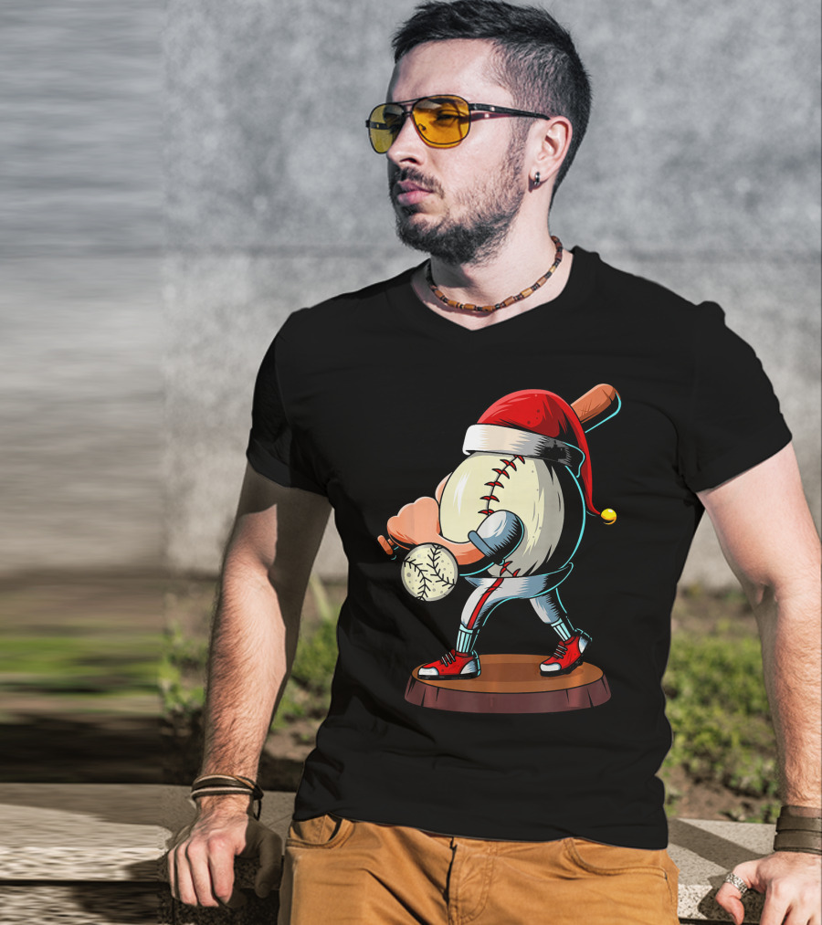 Christmas Baseball Batter Santa With Red Shoes And Bat T-Shirt