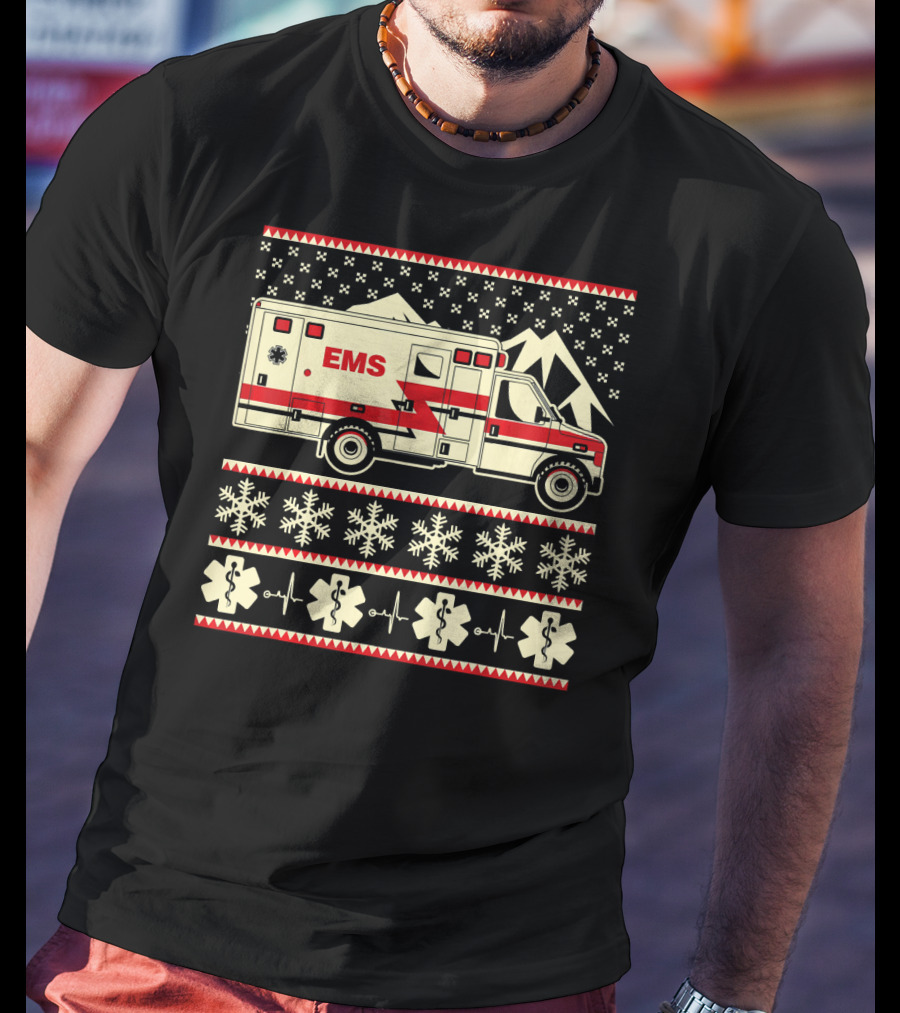EMS Christmas Ambulance Ugly Sweater Snowflake T-Shirt