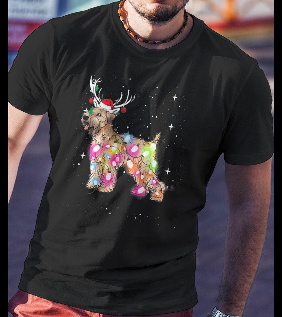 Christmas Lights Soft Coated Wheaten Terrier Santa Hat Antlers Snowflakes T-Shirt