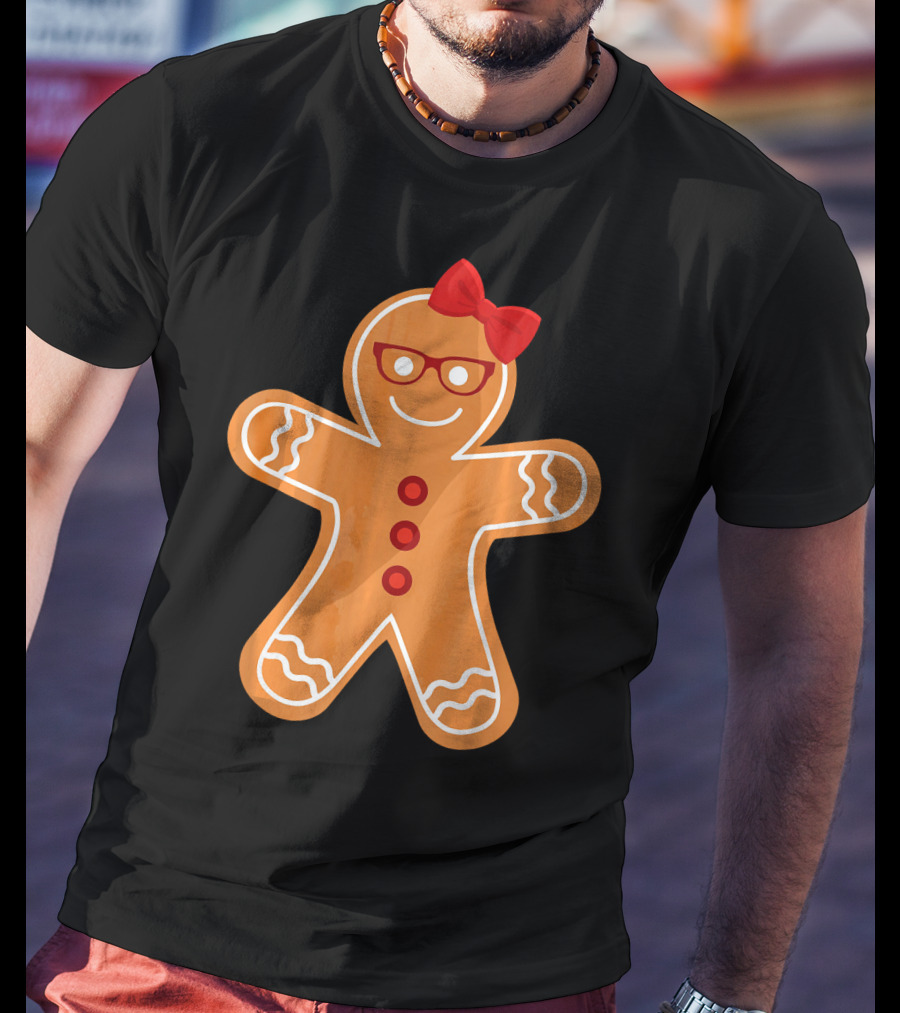 Gingerbread Girl Cookie With Glasses And Red Bow Christmas T-Shirt