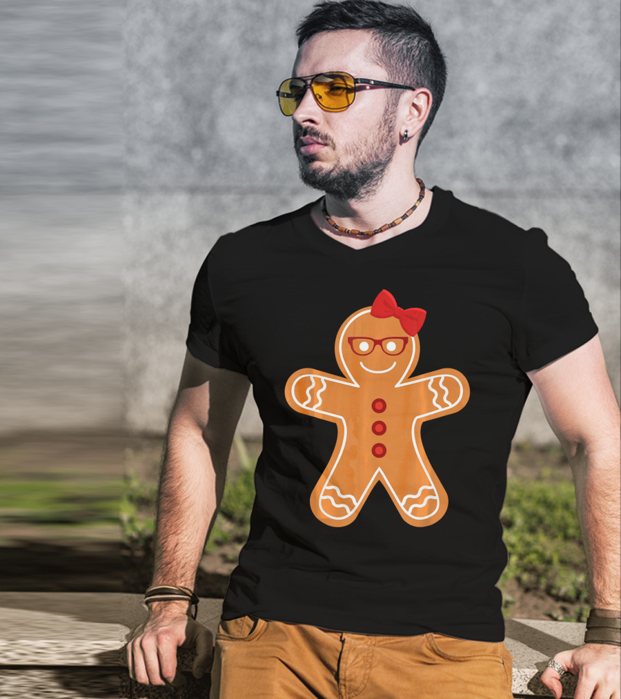 Gingerbread Girl Cookie With Glasses And Red Bow Christmas T-Shirt