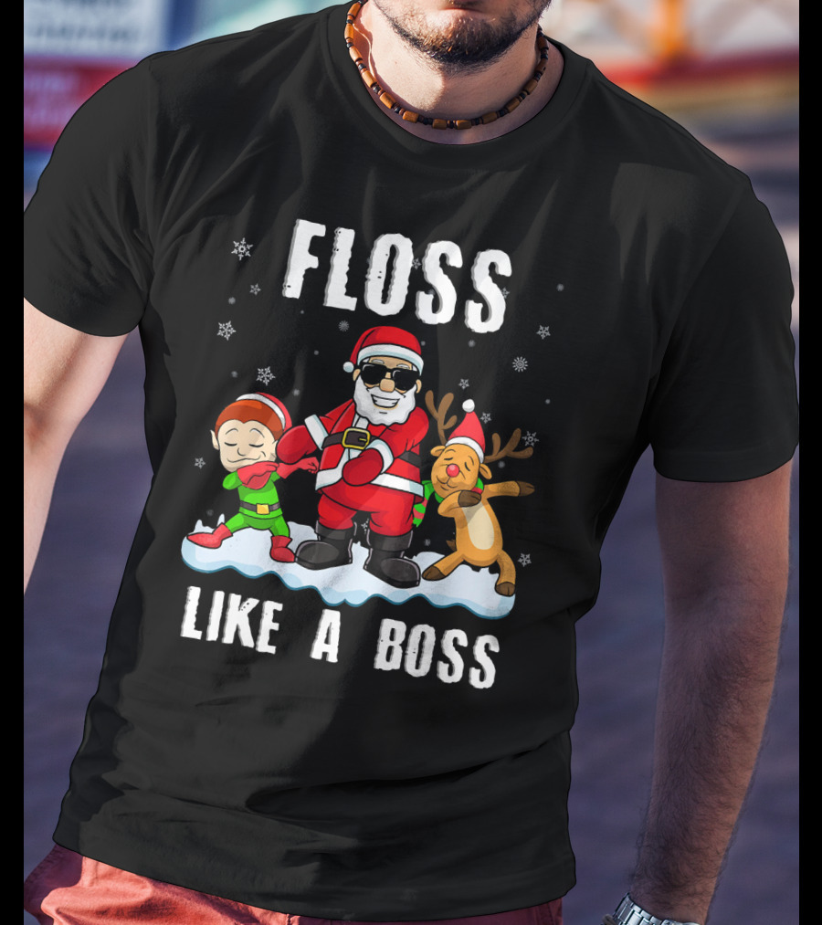 Floss Like A Boss Santa With Elf And Reindeer Dance Funny Christmas T-Shirt