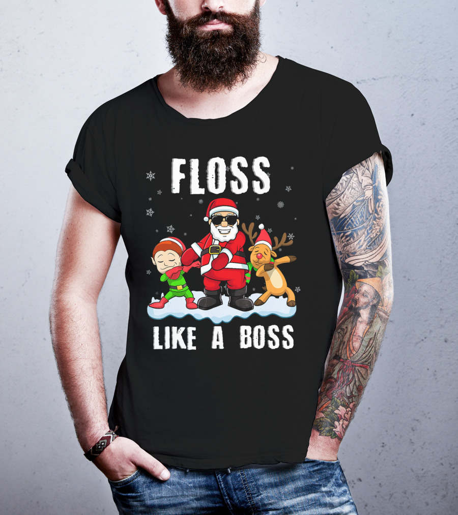 Floss Like A Boss Santa With Elf And Reindeer Dance Funny Christmas T-Shirt