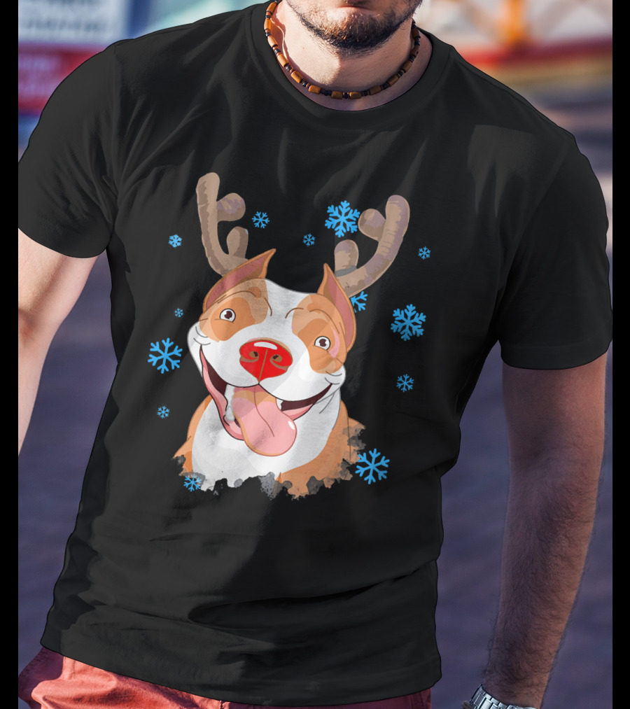 Funny Cutie Pit Bull Reindeer Antlers Snowflakes T-Shirt