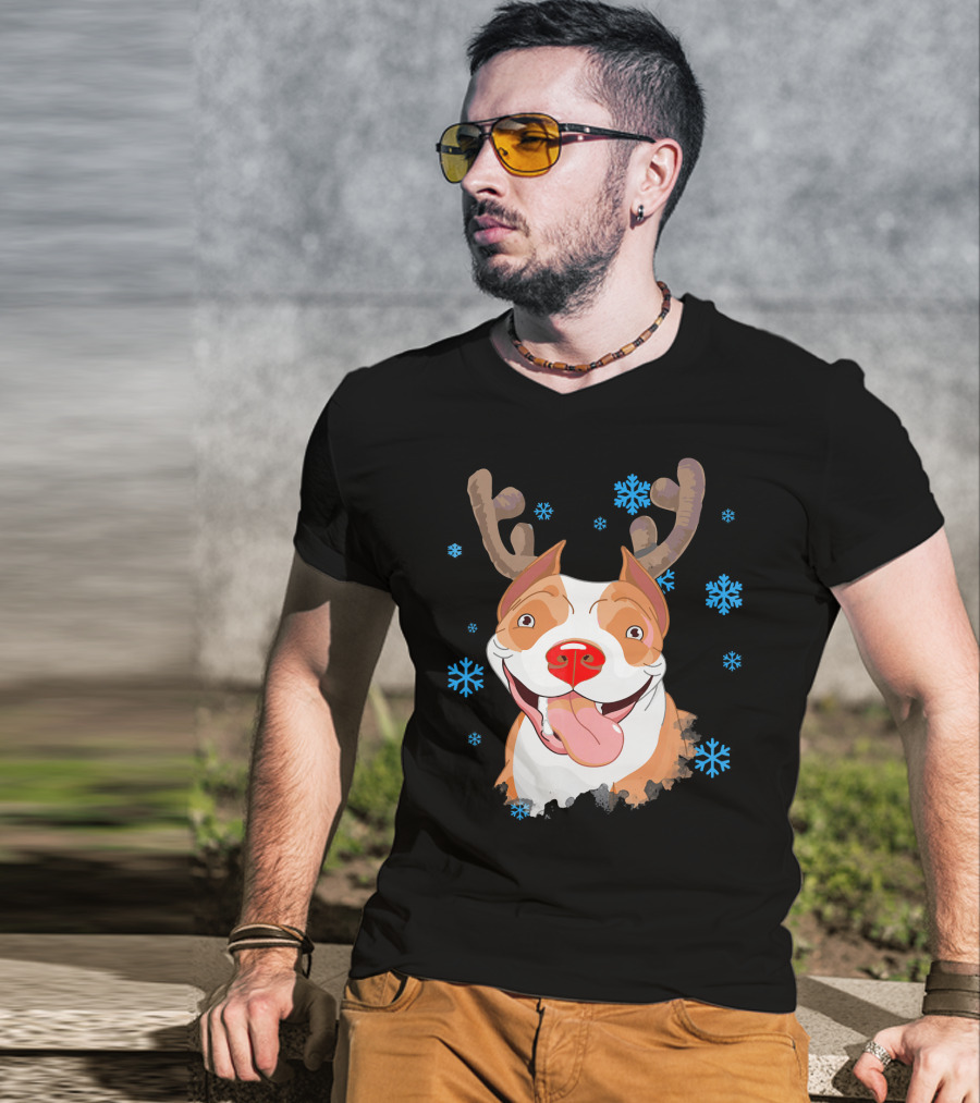 Funny Cutie Pit Bull Reindeer Antlers Snowflakes T-Shirt