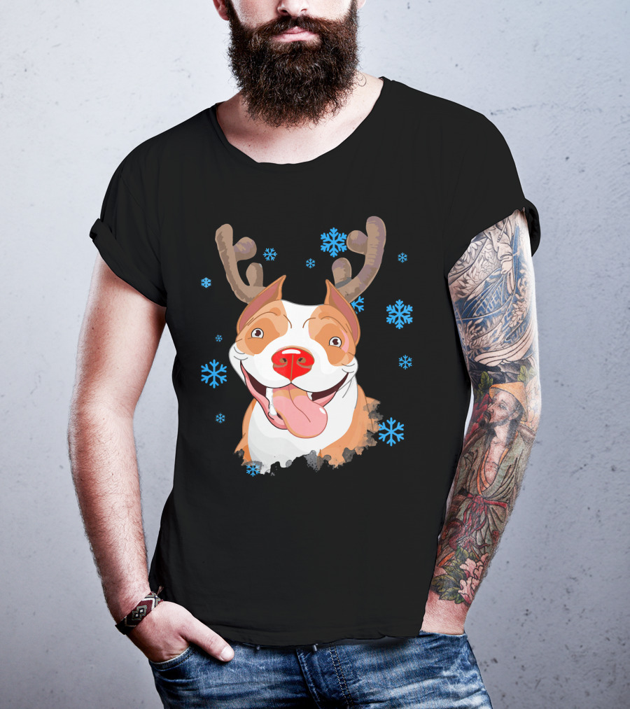 Funny Cutie Pit Bull Reindeer Antlers Snowflakes T-Shirt