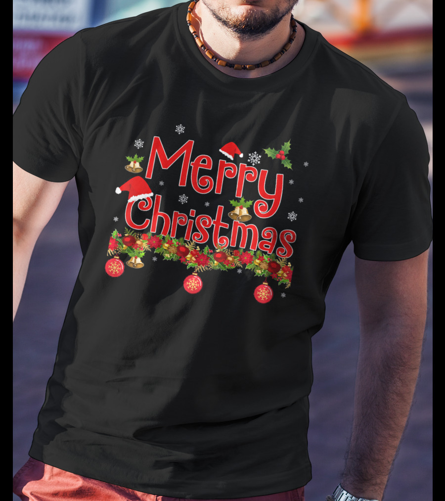 Merry Christmas Snowflakes Holly Santa Hat Bells Ornaments Garland T-Shirt