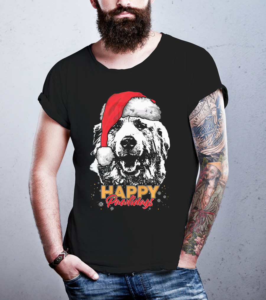 Happy Pawlidays Funny Christmas Great Pyrenees Santa Hat T-Shirt