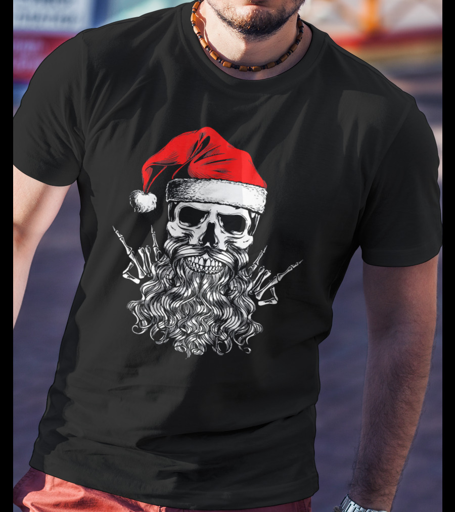 Hail Santa Heavy Metal Skull Red Santa Hat Skeleton Beard T-Shirt