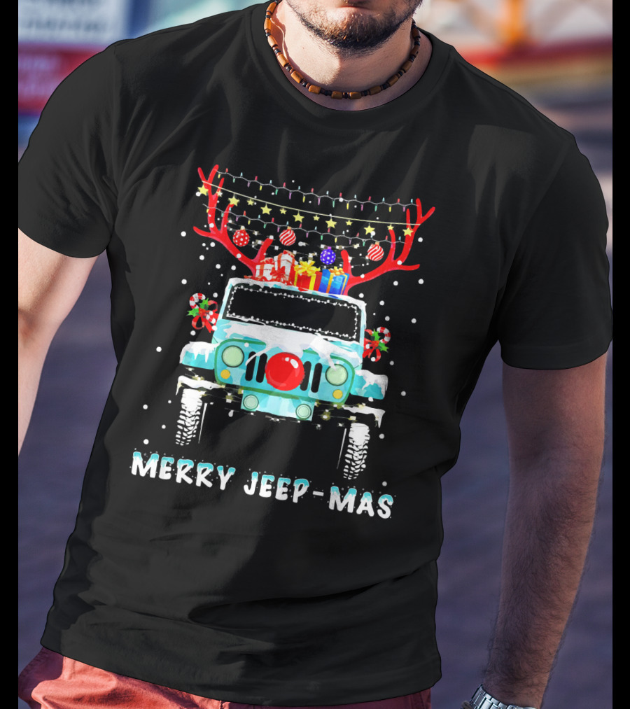 MERRY JEEP-MAS Reindeer Antlers Christmas Lights Jeep T-Shirt
