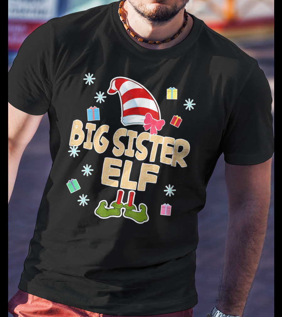 Big Sister Elf With Striped Hat And Gifts T-Shirt