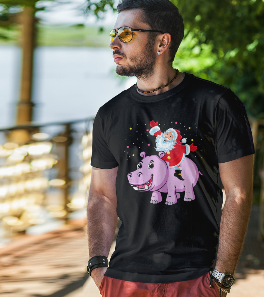 Santa Claus Riding A Happy Hippo Merry Christmas Stars T-Shirt