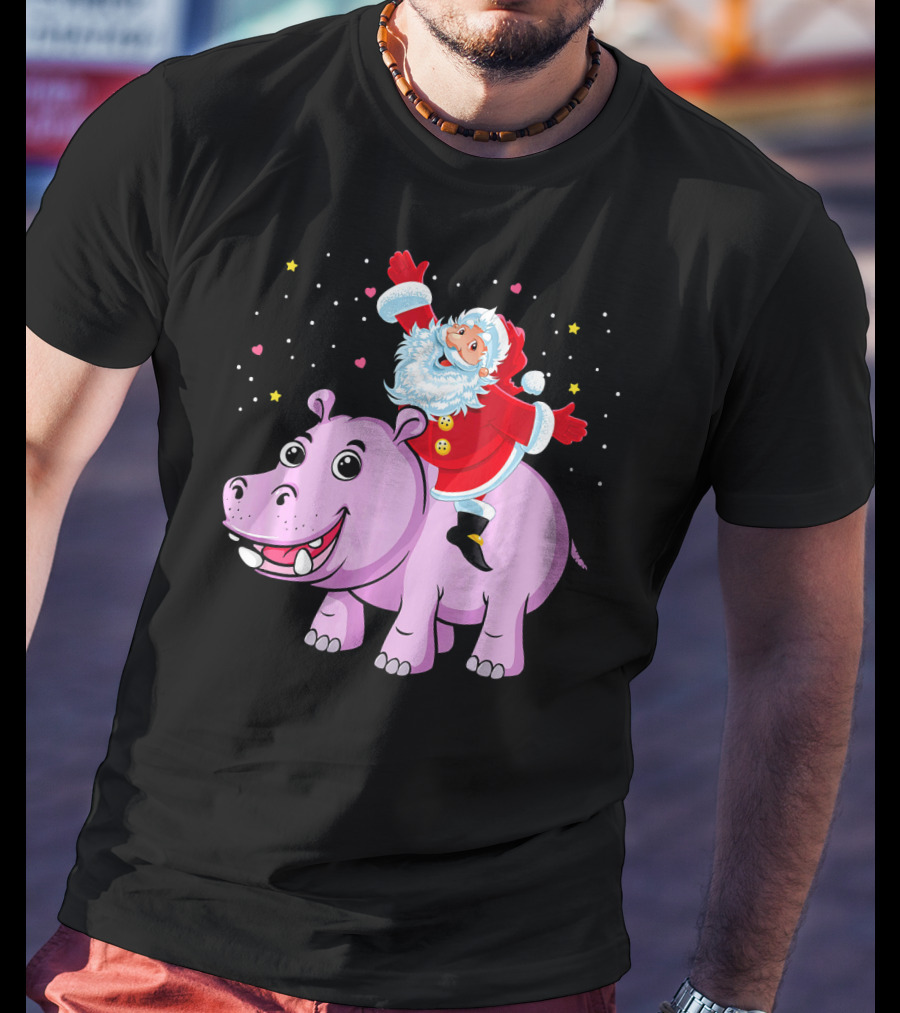 Santa Claus Riding A Happy Hippo Merry Christmas Stars T-Shirt
