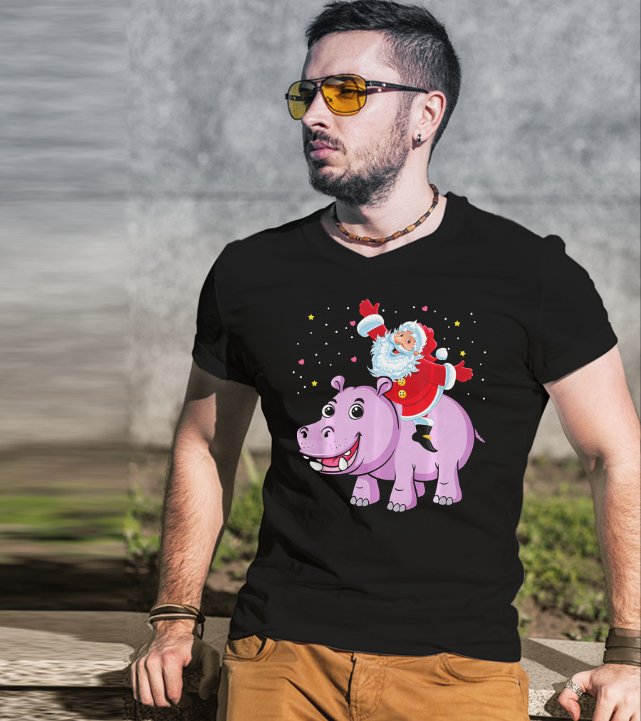 Santa Claus Riding A Happy Hippo Merry Christmas Stars T-Shirt