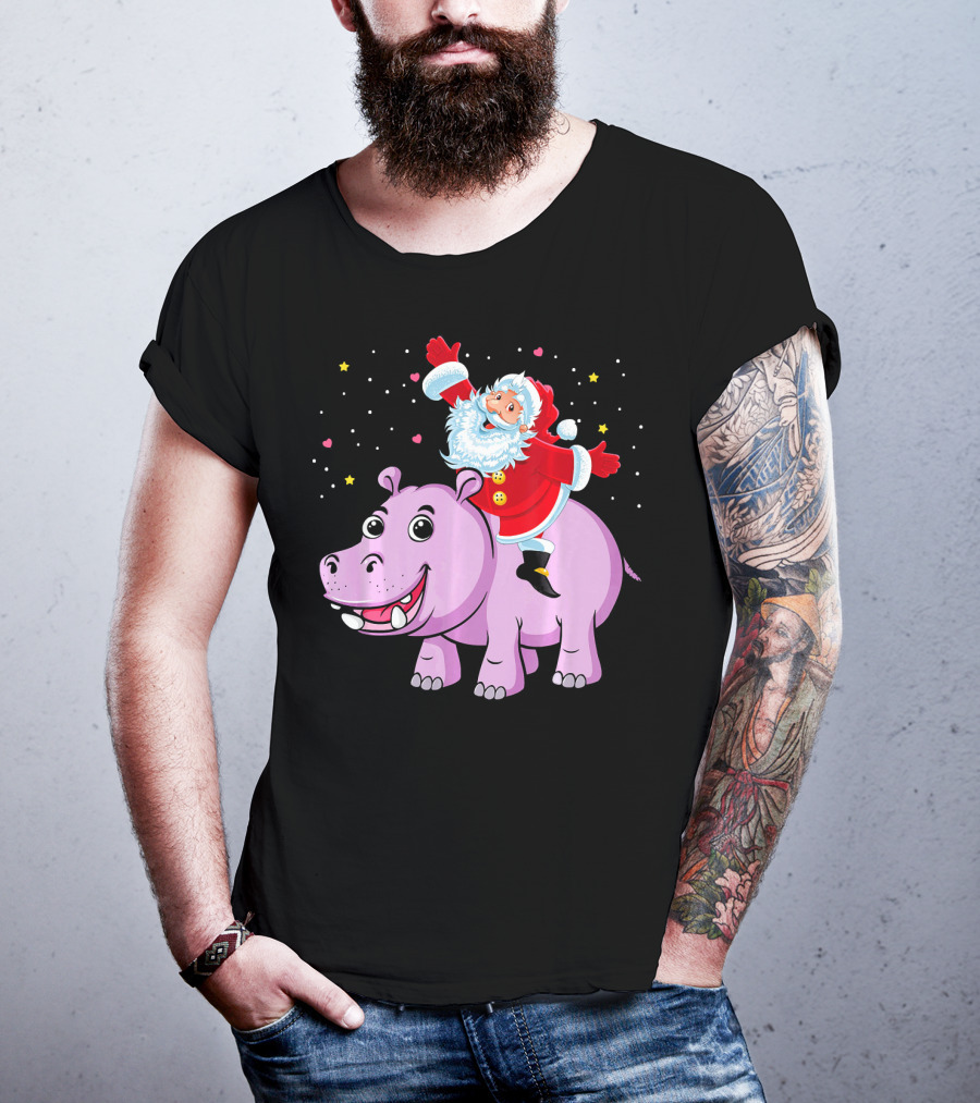 Santa Claus Riding A Happy Hippo Merry Christmas Stars T-Shirt