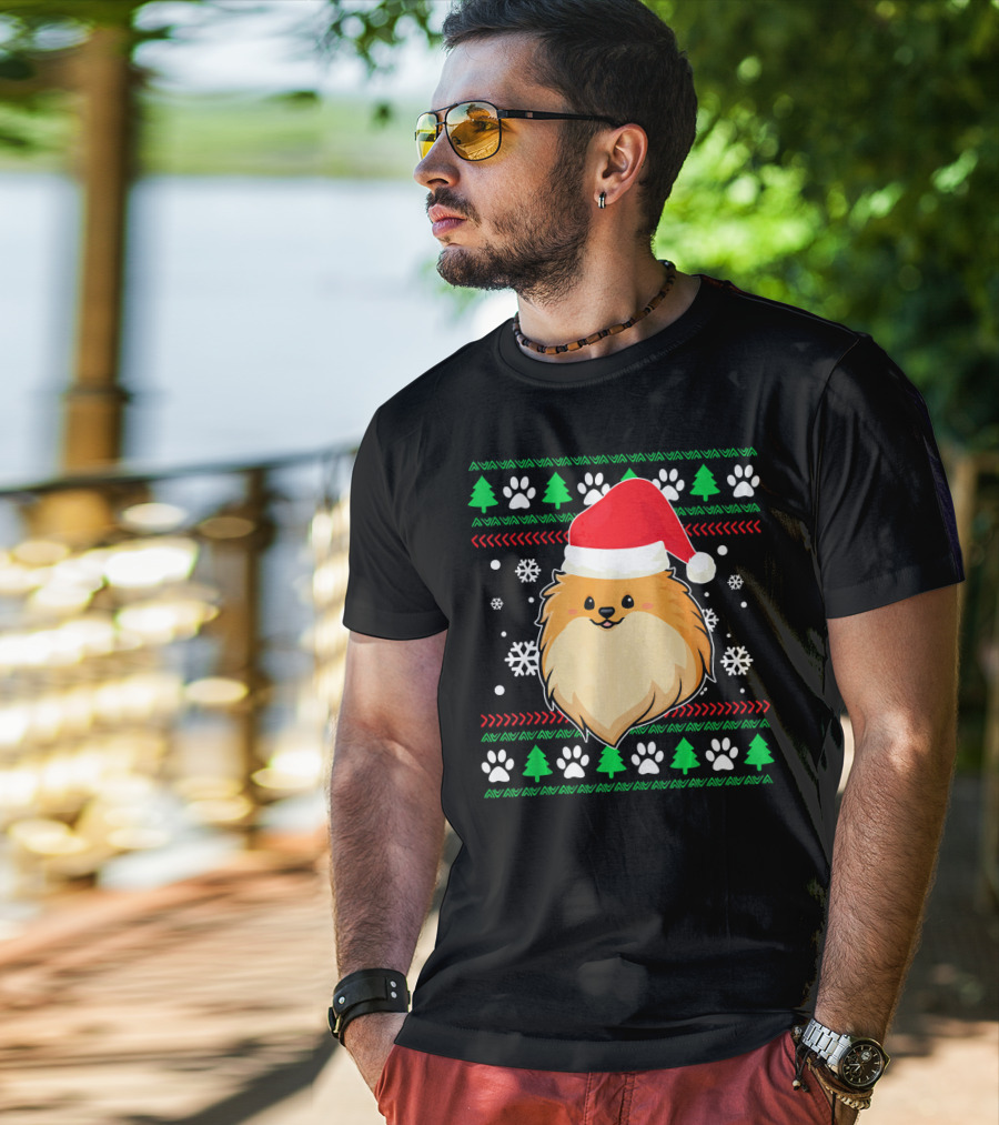 Pomeranian Santa Hat Ugly Christmas Sweater Snowflakes Trees Paws T-Shirt