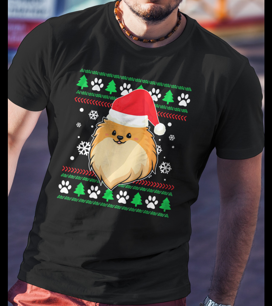 Pomeranian Santa Hat Ugly Christmas Sweater Snowflakes Trees Paws T-Shirt