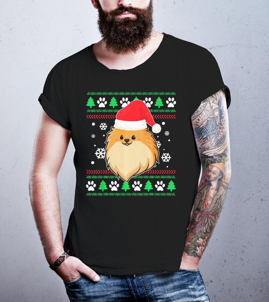 Pomeranian Santa Hat Ugly Christmas Sweater Snowflakes Trees Paws T-Shirt