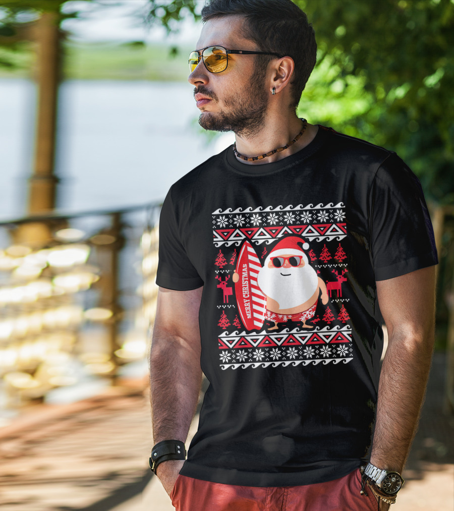 Surfing Santa Claus Merry Christmas Hawaii Red Reindeer Snowflakes T-Shirt