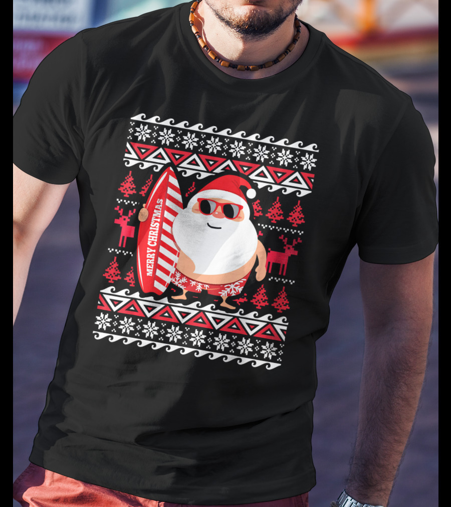 Surfing Santa Claus Merry Christmas Hawaii Red Reindeer Snowflakes T-Shirt
