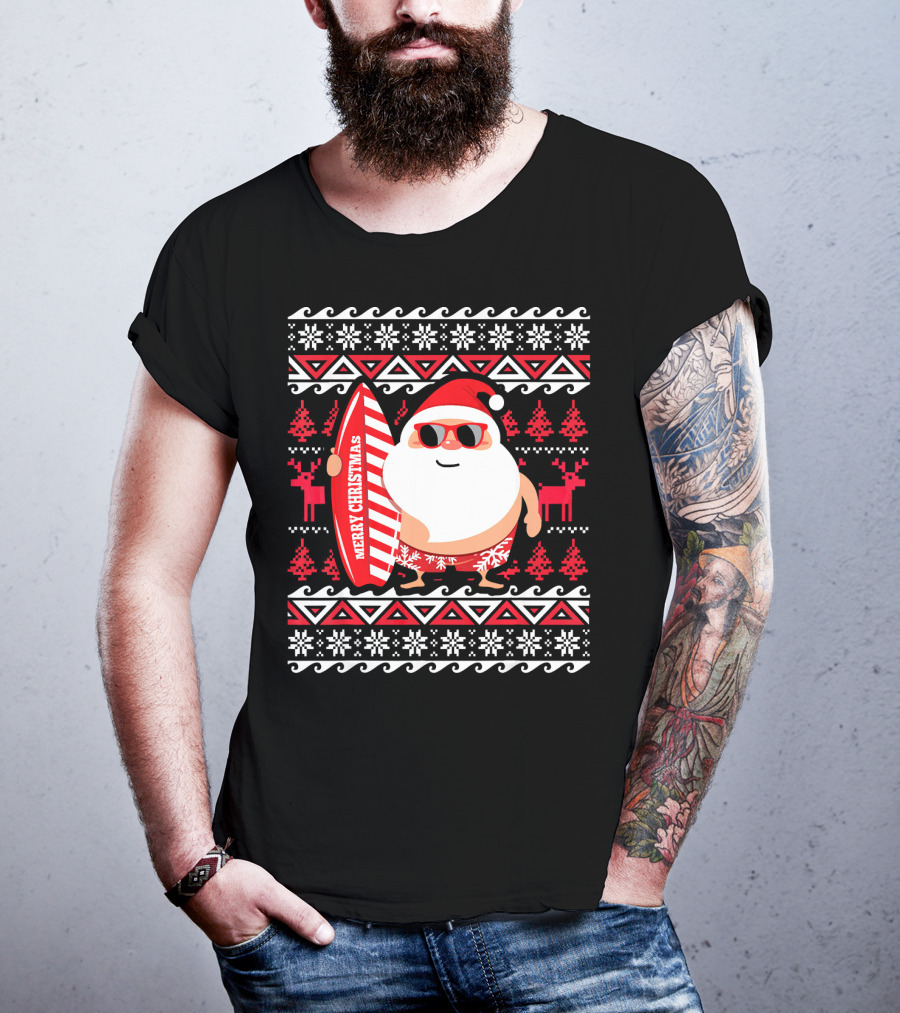Surfing Santa Claus Merry Christmas Hawaii Red Reindeer Snowflakes T-Shirt