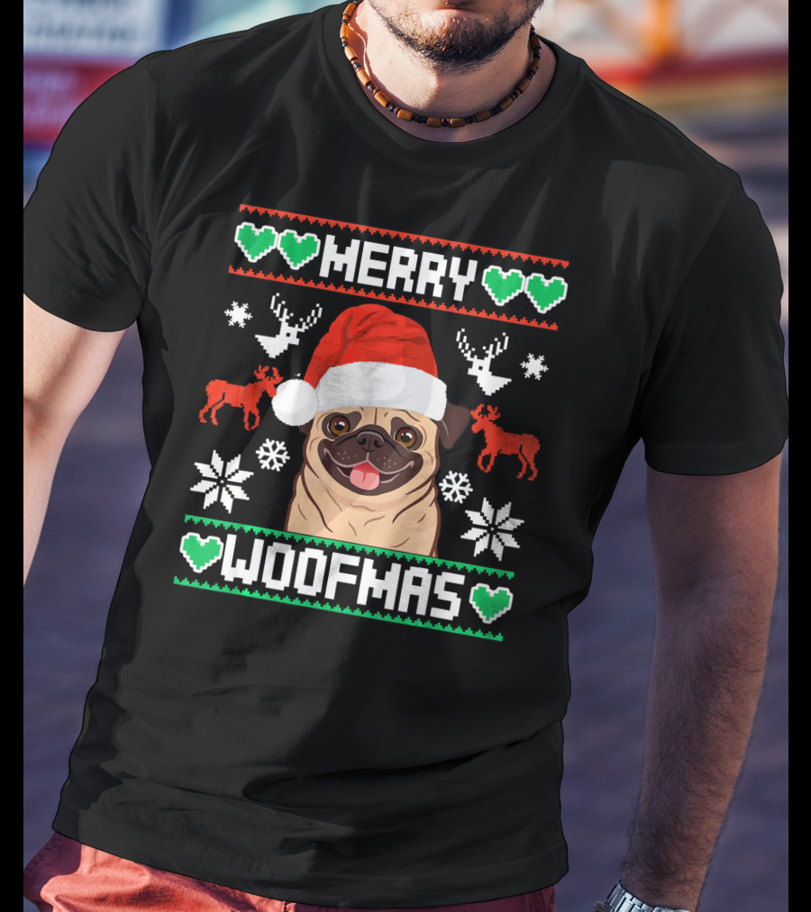 Merry Woofmas Christmas Xmas Santa Claus Dog Reindeer Pug In Santa Hat With Snowflakes And Green Hearts T-Shirt