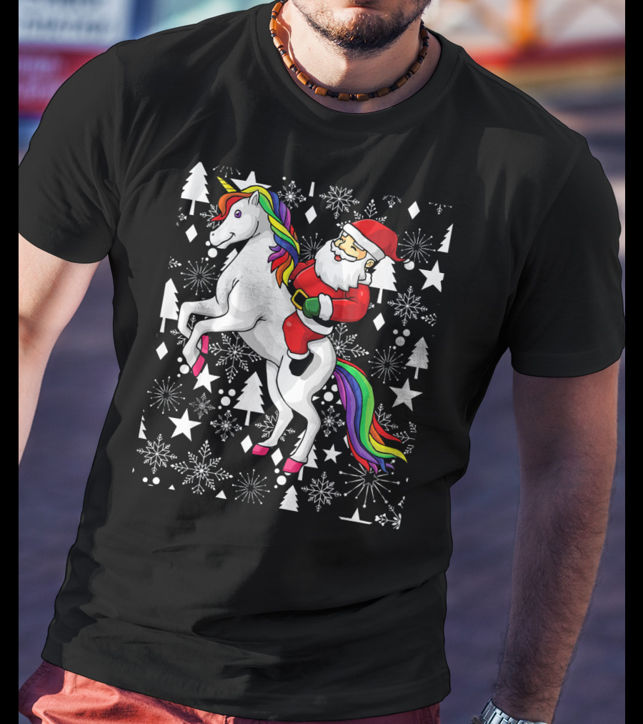 Santa Claus Riding A Unicorn Ugly Christmas Sweater With Stars And Snowflakes T-Shirt