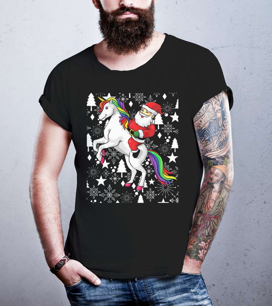 Santa Claus Riding A Unicorn Ugly Christmas Sweater With Stars And Snowflakes T-Shirt