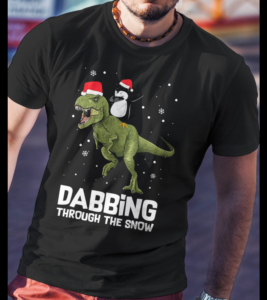 Dabbing Through The Snow Penguin On Dinosaur Christmas T-Shirt