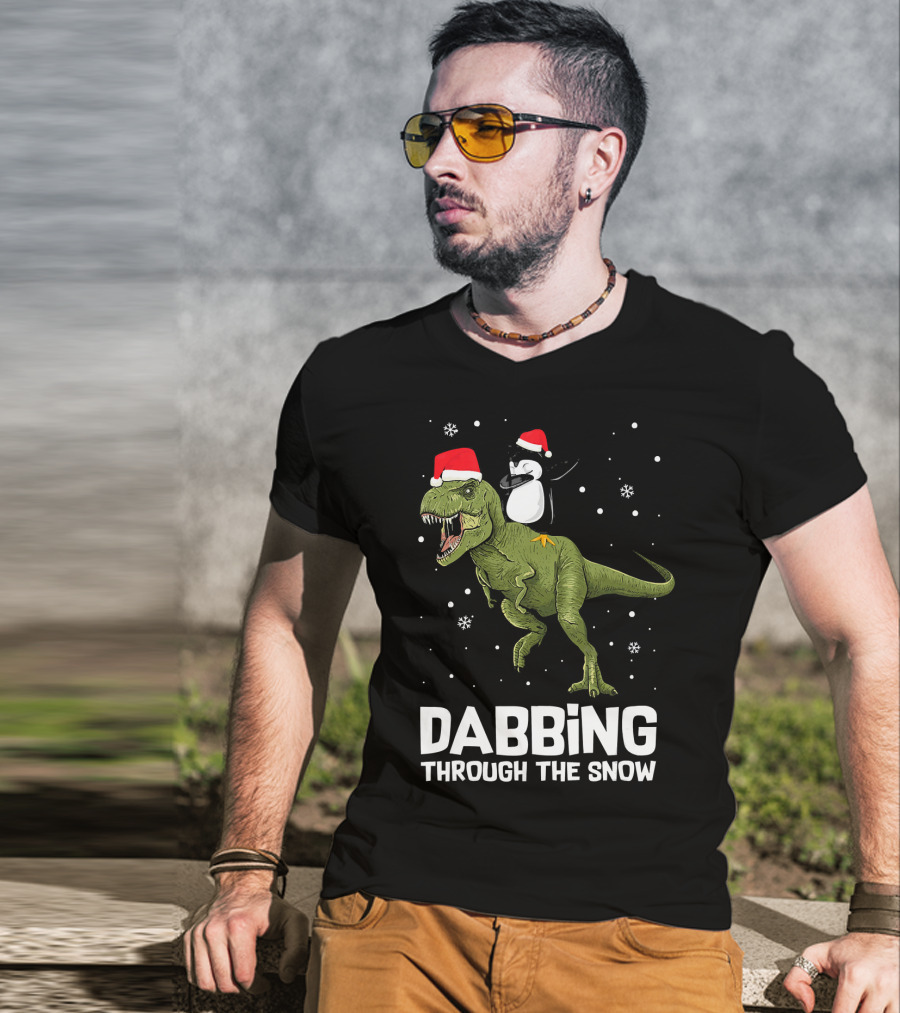 Dabbing Through The Snow Penguin On Dinosaur Christmas T-Shirt