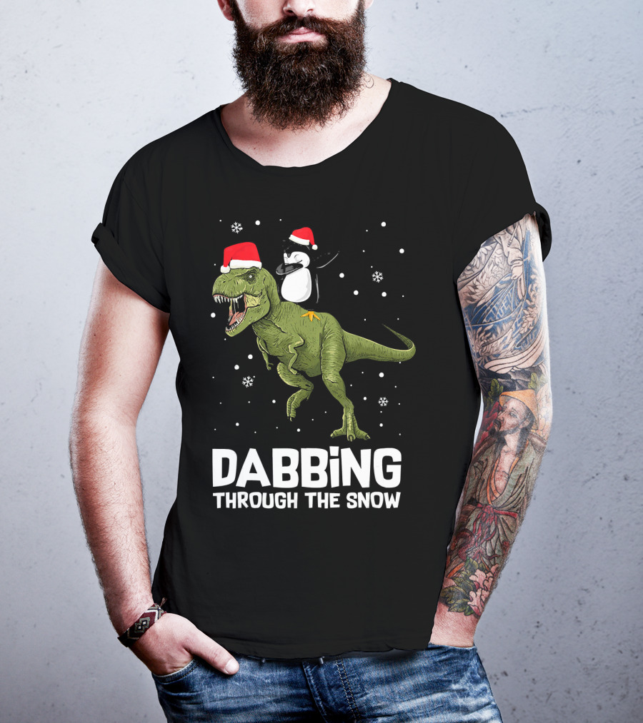 Dabbing Through The Snow Penguin On Dinosaur Christmas T-Shirt