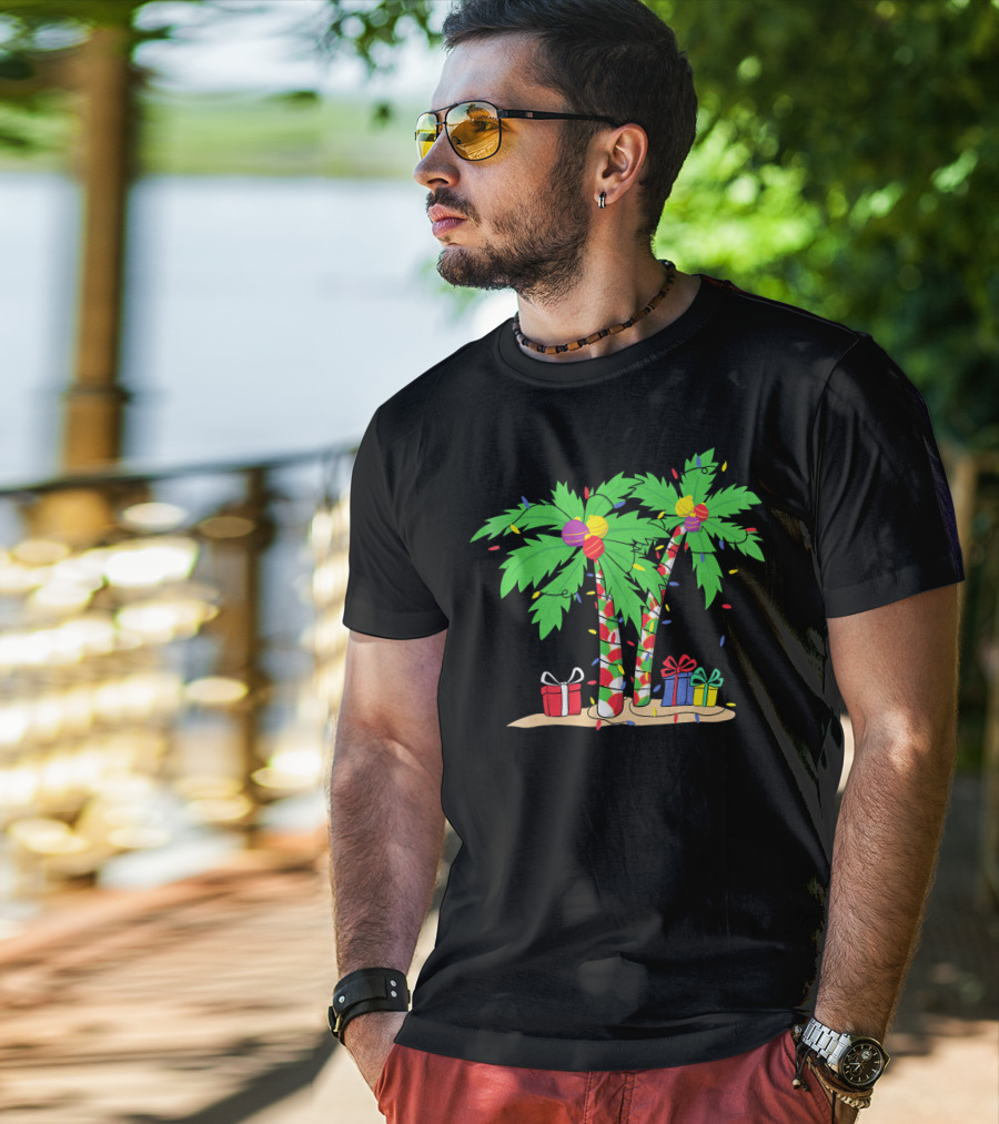 Decorated Christmas Palm Tree With Holiday Lights And Gifts T-Shirt