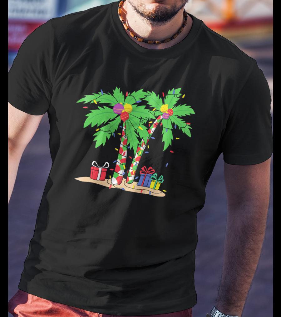 Decorated Christmas Palm Tree With Holiday Lights And Gifts T-Shirt