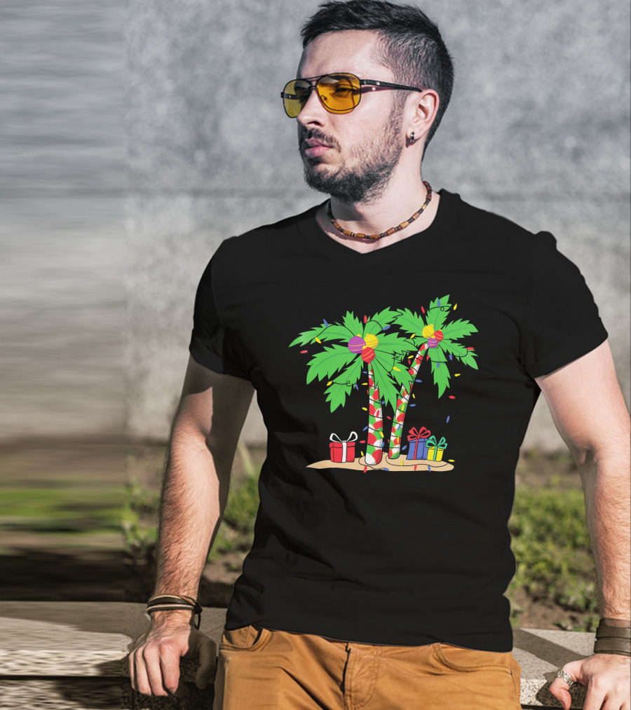 Decorated Christmas Palm Tree With Holiday Lights And Gifts T-Shirt