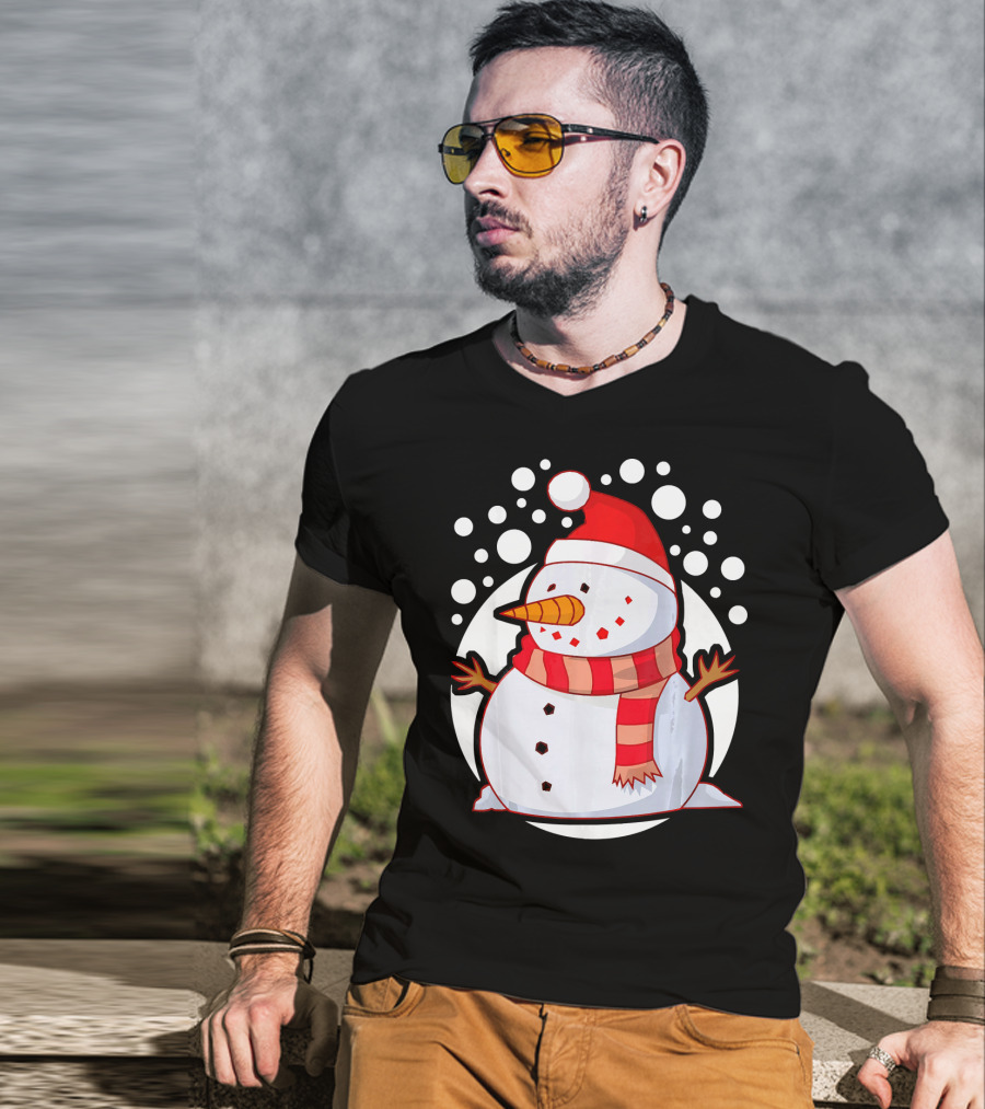 Winter Christmas Santa Snowman In Red Scarf And Hat T-Shirt