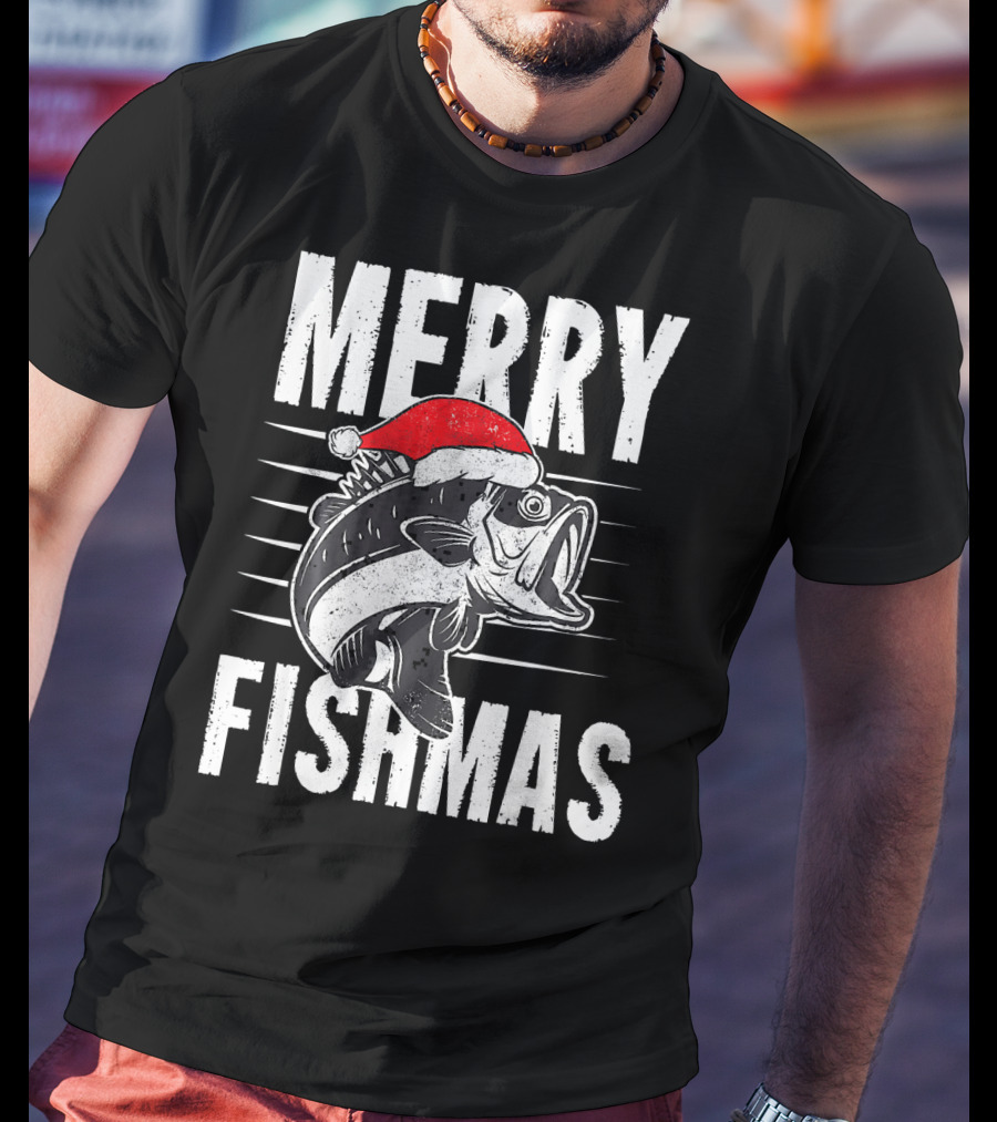 Merry Fishmas Funny Christmas Fishing Santa Hat Fish T-Shirt