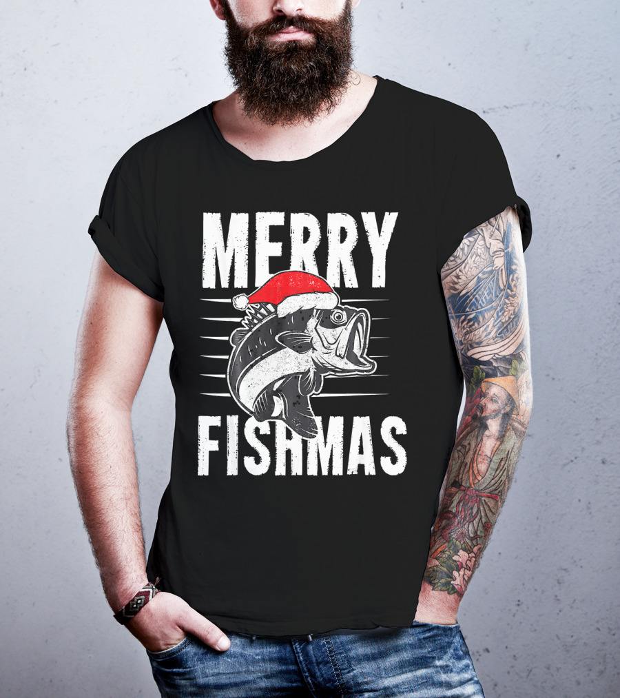 Merry Fishmas Funny Christmas Fishing Santa Hat Fish T-Shirt