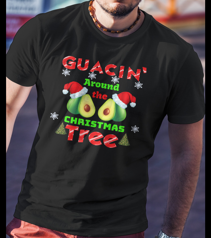 Guacin' Around The Christmas Tree Avocado Santa Hat Snowflakes T-Shirt
