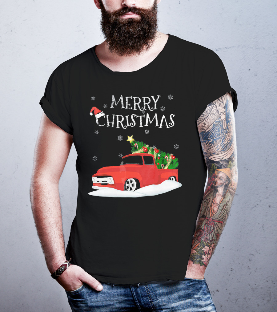 Merry Christmas Red Vintage Truck With Snow And Christmas Tree T-Shirt