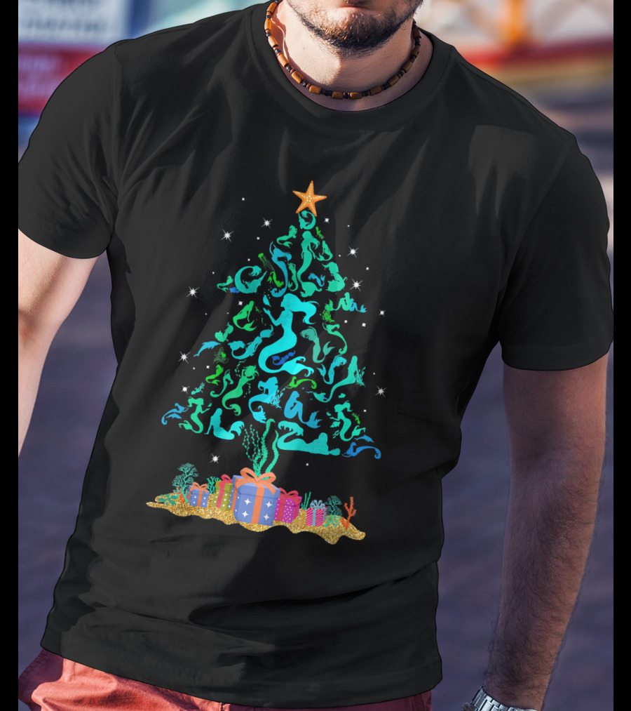 Mermaid Christmas Tree With Gifts And Star Topper T-Shirt