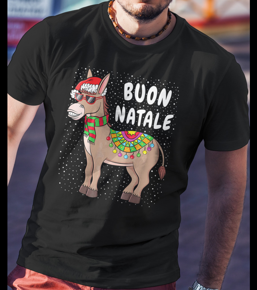 Buon Natale Christmas Donkey With Santa Hat And Colorful Lights T-Shirt