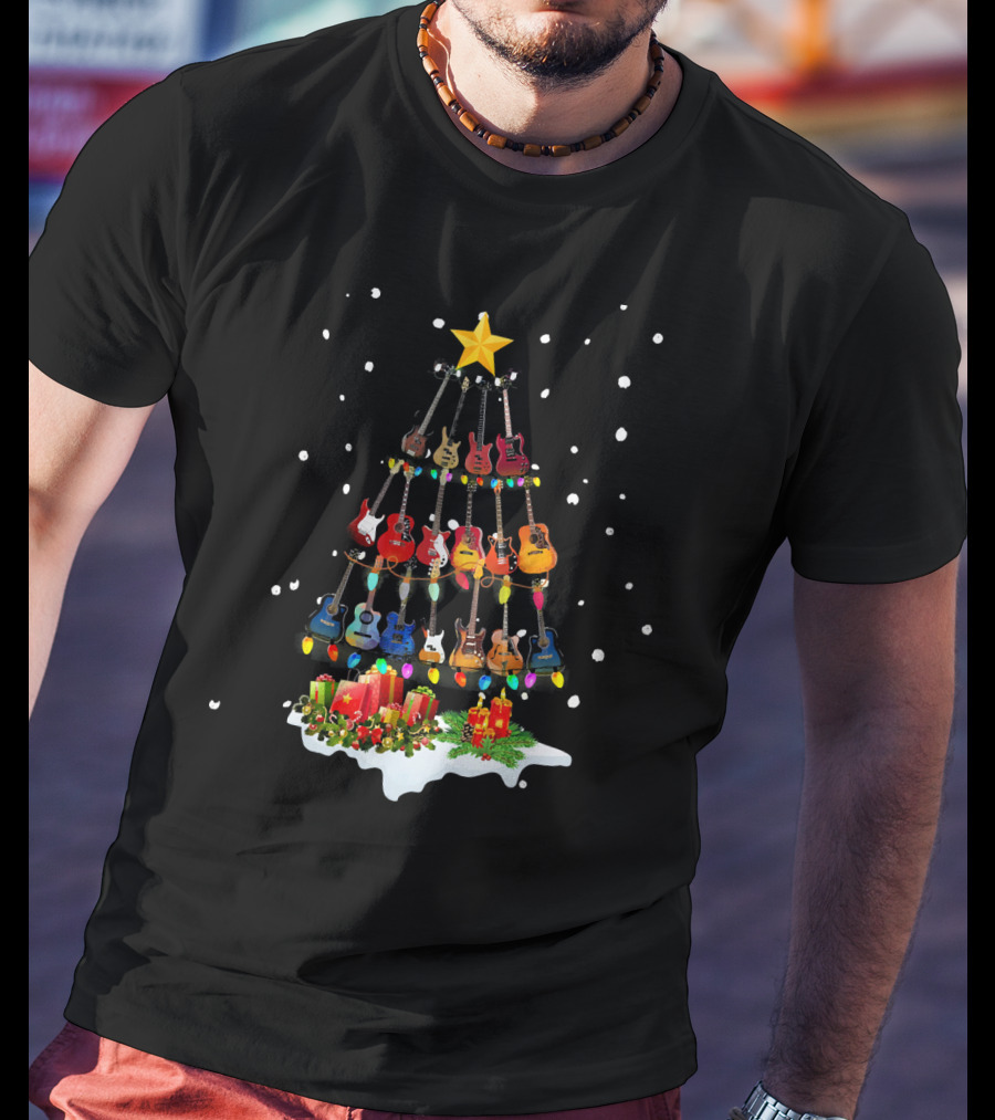 Guitar Christmas Tree Holiday Lights Snowflakes Star Candles T-Shirt