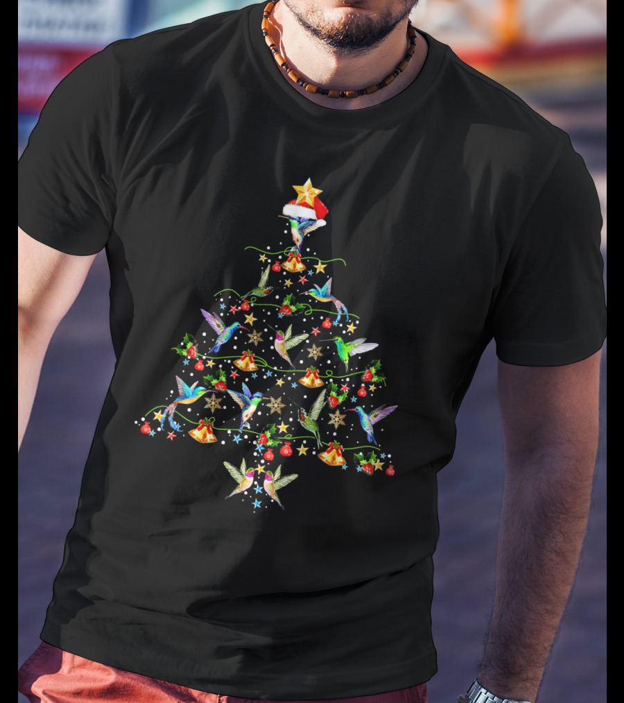 Hummingbirds Christmas Tree Star Santa Hat Festive Bells Holiday Decor T-Shirt