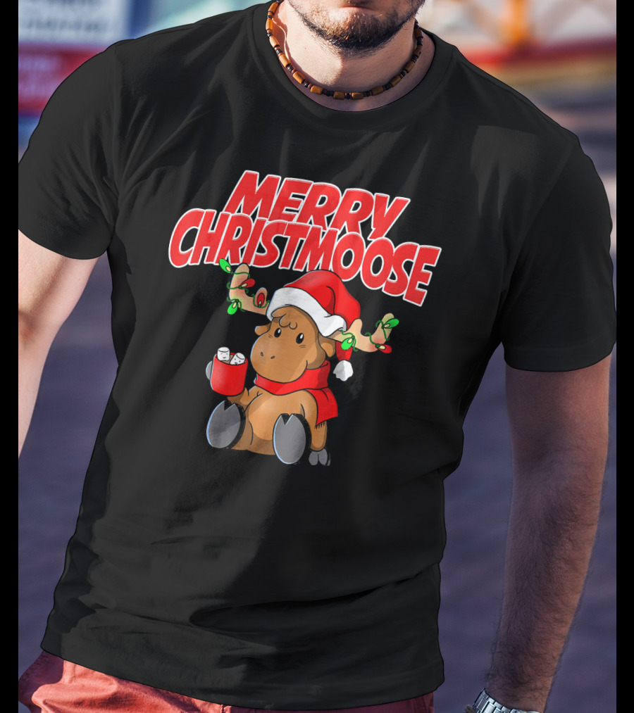 Merry Christmoose Funny Holiday Pun Moose With Santa Hat And Hot Cocoa T-Shirt