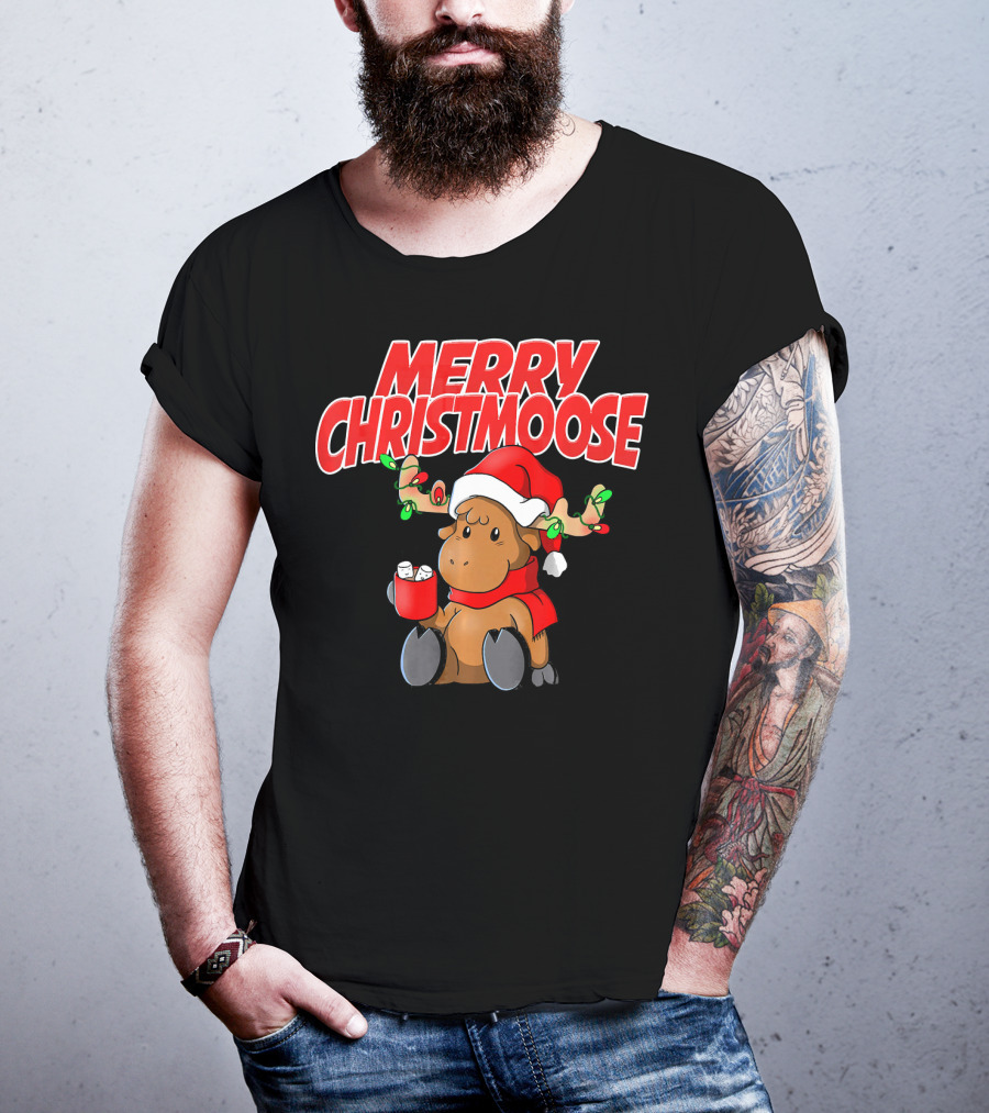 Merry Christmoose Funny Holiday Pun Moose With Santa Hat And Hot Cocoa T-Shirt
