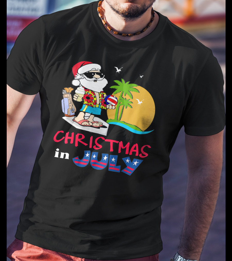Christmas In July Funny Santa Summer Golf Sun And Palm Trees T-Shirt
