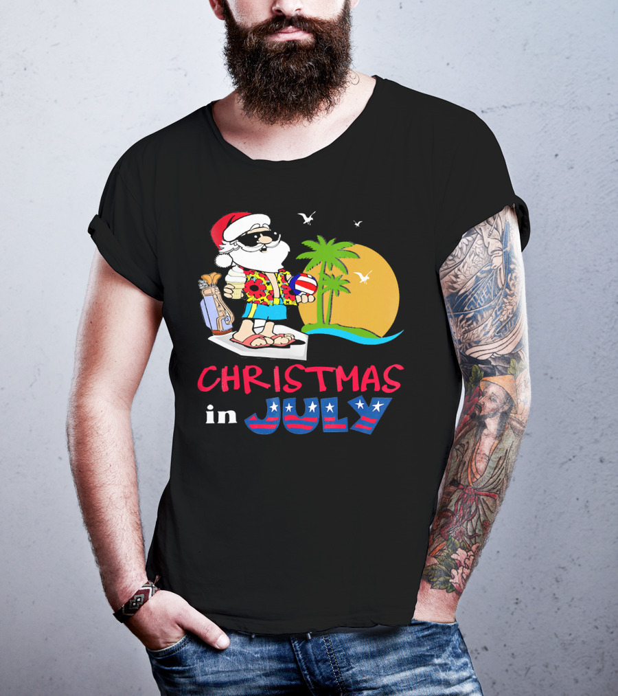 Christmas In July Funny Santa Summer Golf Sun And Palm Trees T-Shirt